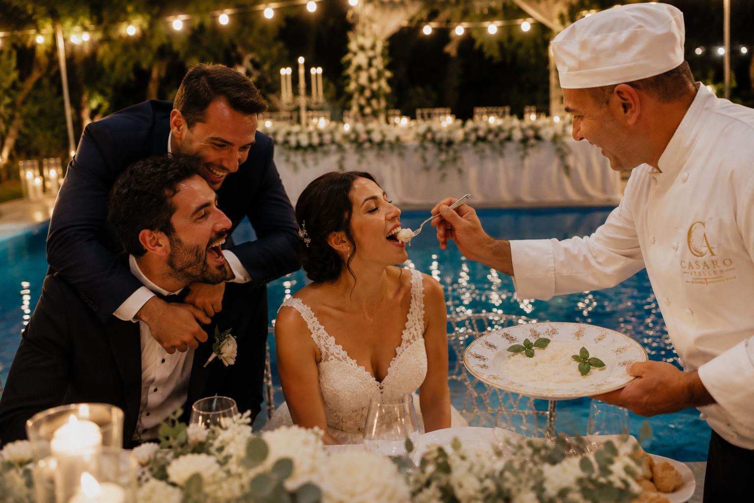 Produzione live di mozzarella durante un ricevimento di nozze elegante